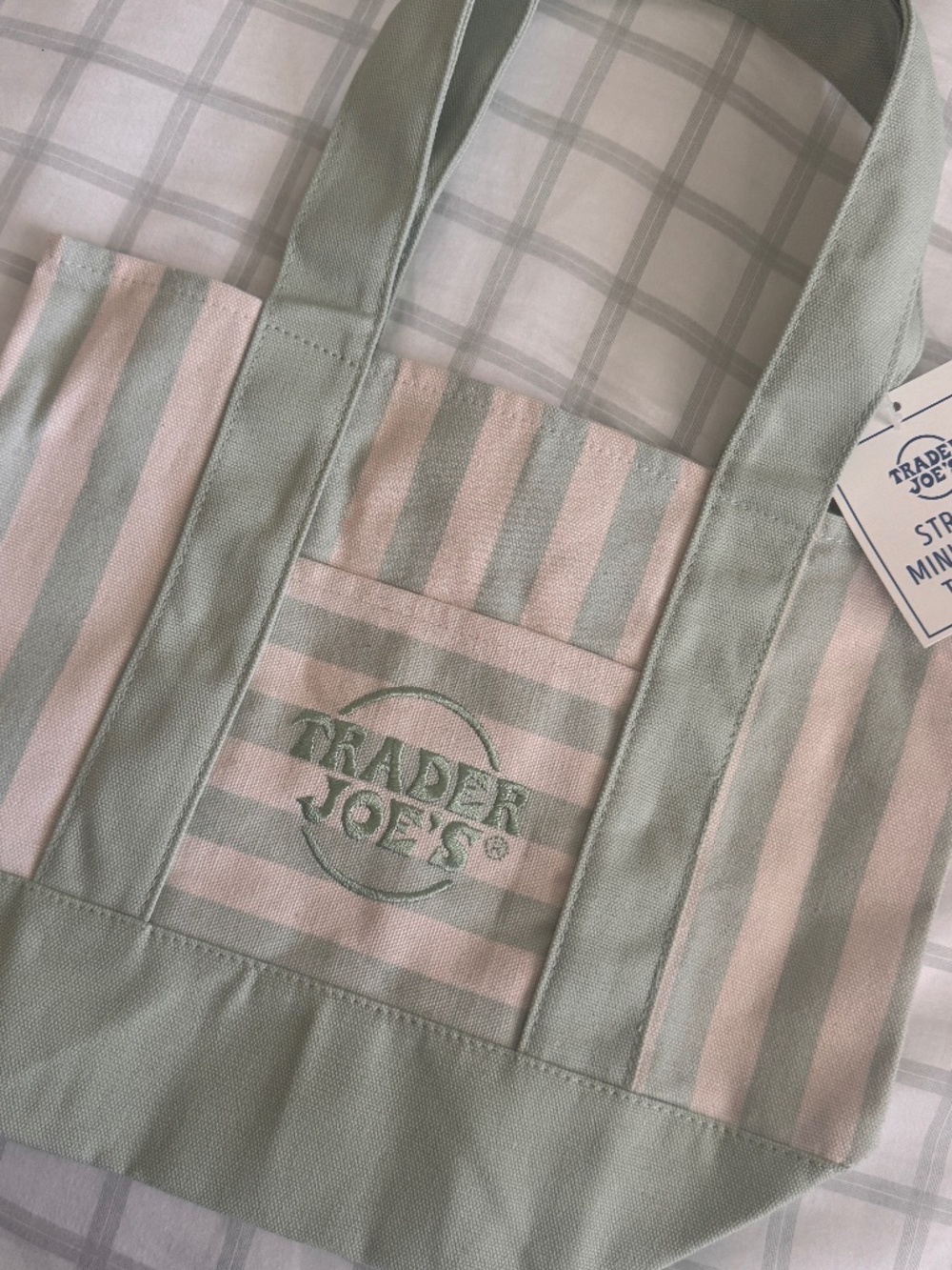 🆕💚 Trader Joes Striped Mini Tote Pastel Green